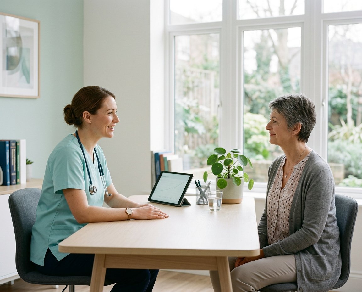 A friendly clinician talking with a patient in a bright consultation room