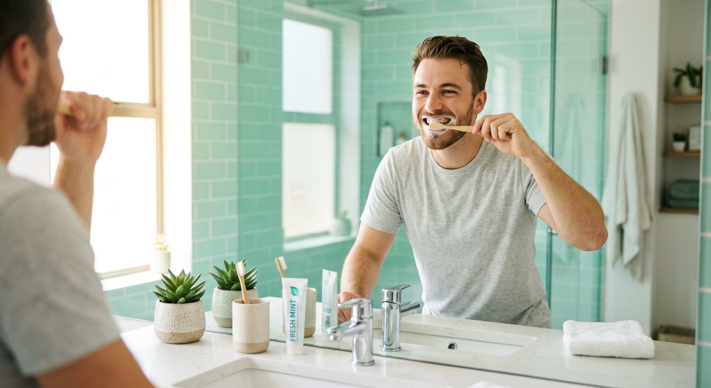 A young man brushing his teeth in a bright modern bathroom