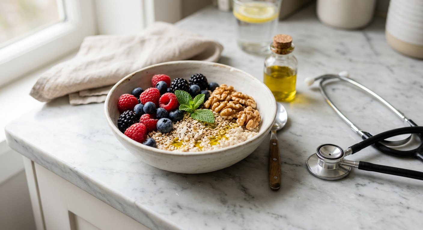 Berries, walnuts and oats with a stethoscope on a marble counter