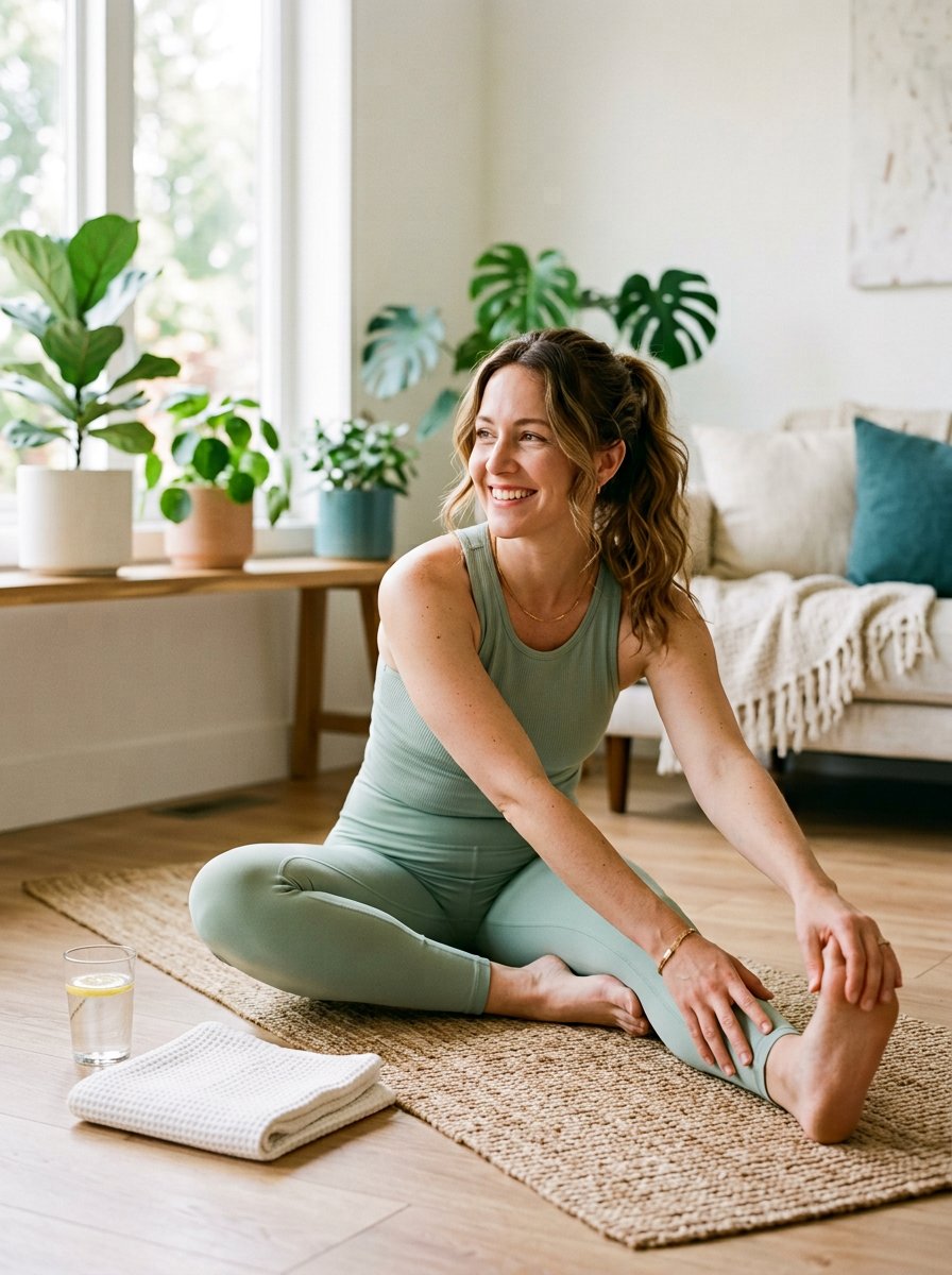 A woman stretching calmly in a bright, plant-filled living room