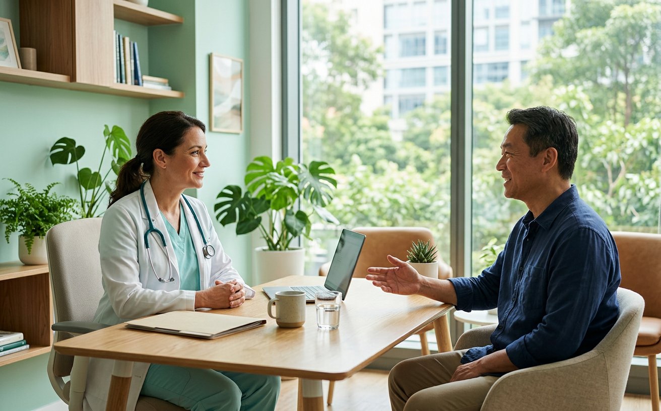 A doctor listening to a patient during a consultation in a bright clinic room