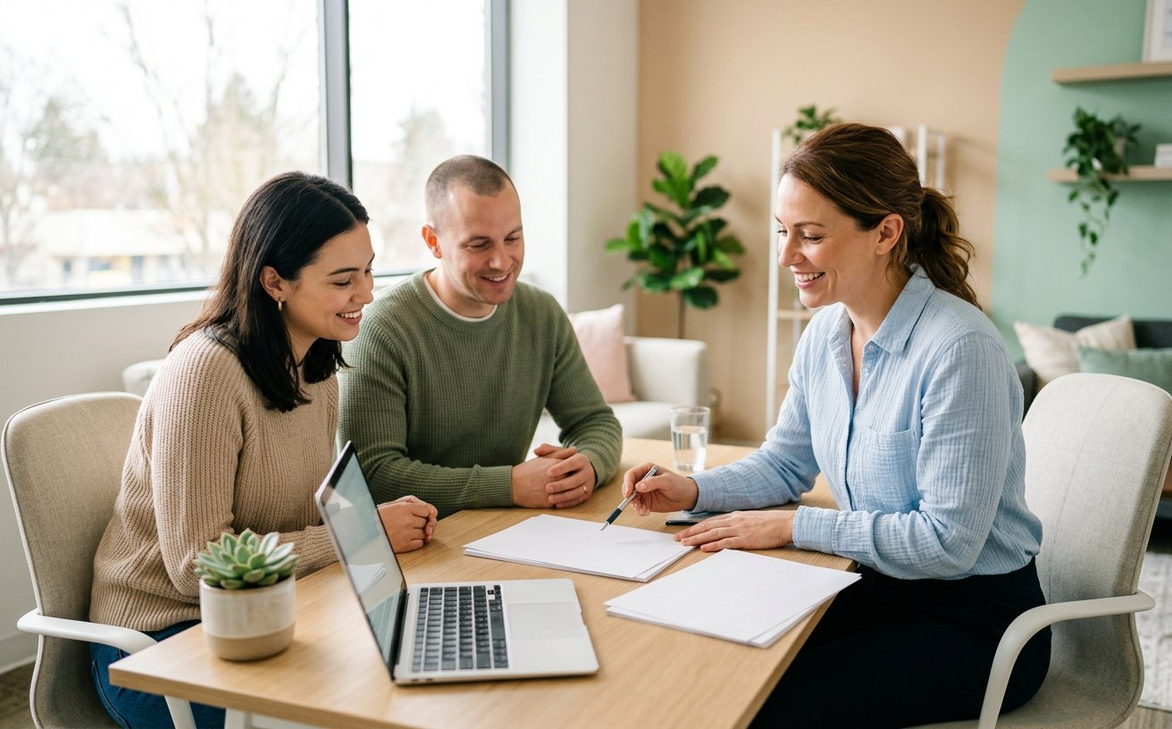 An advisor explaining health cover paperwork to a couple at a desk