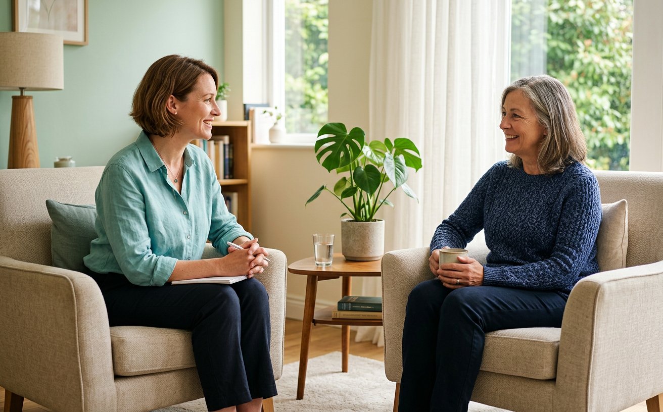 A private, reassuring consultation between a clinician and a patient