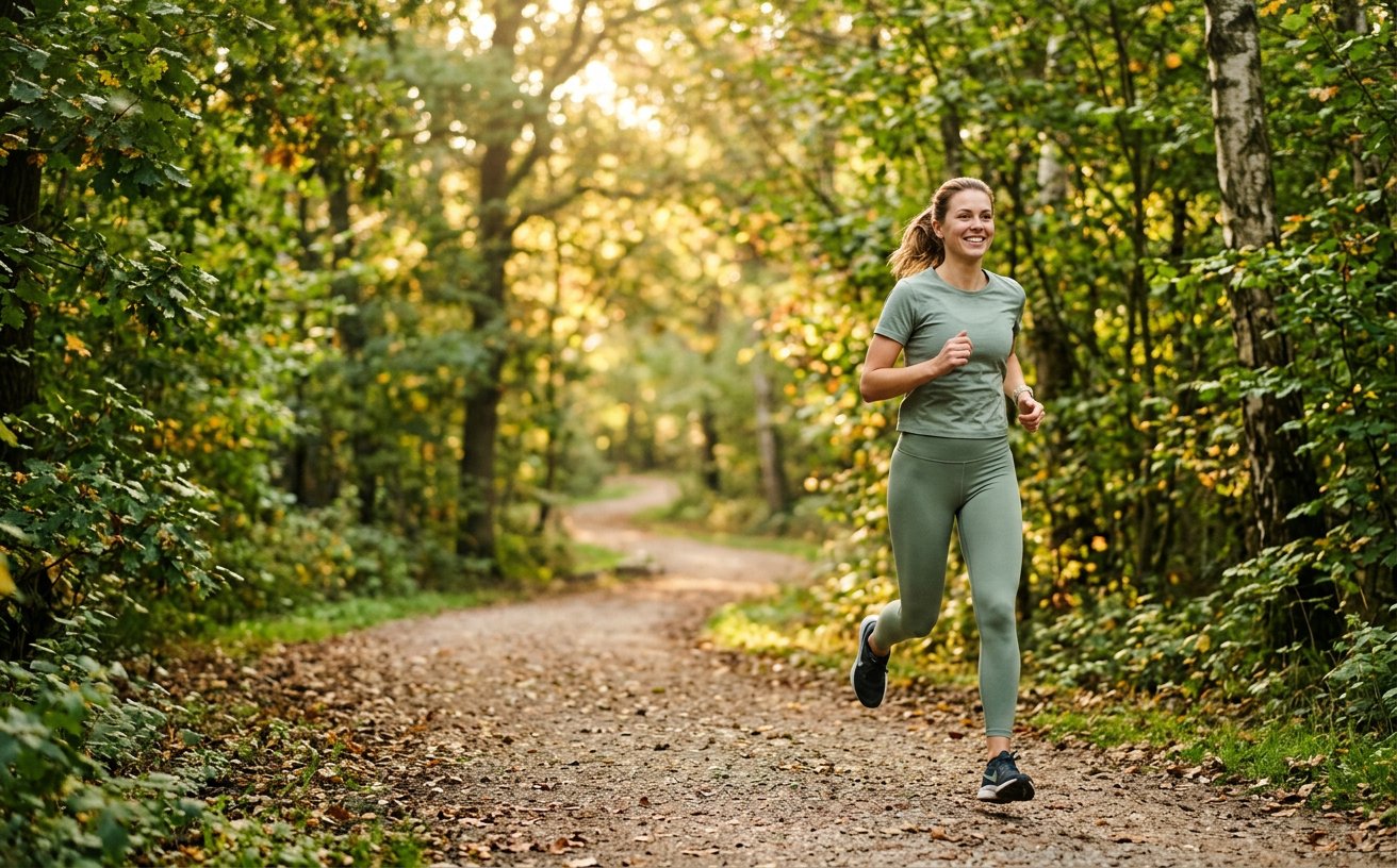 A woman in activewear jogging along a leafy park path in morning light