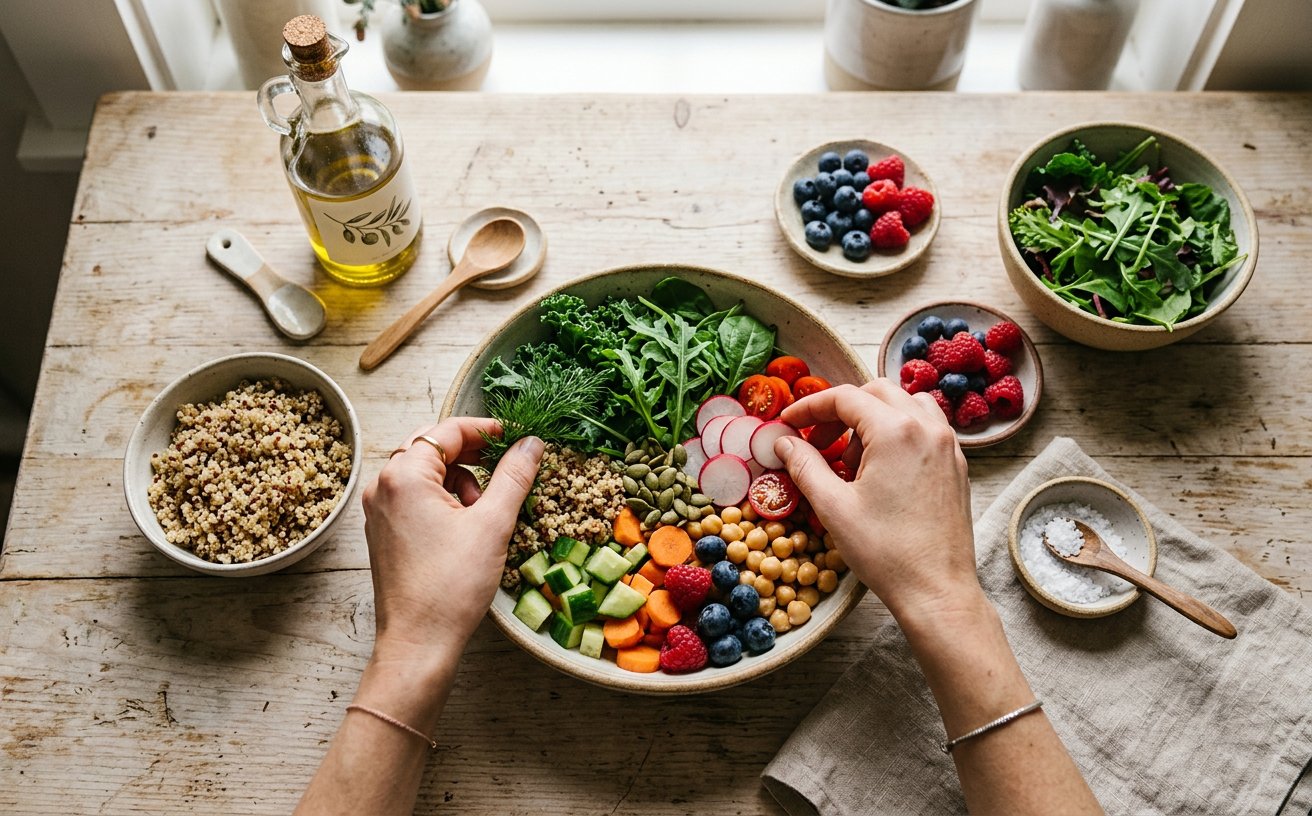 Hands arranging fresh vegetables, grains and berries on a kitchen counter